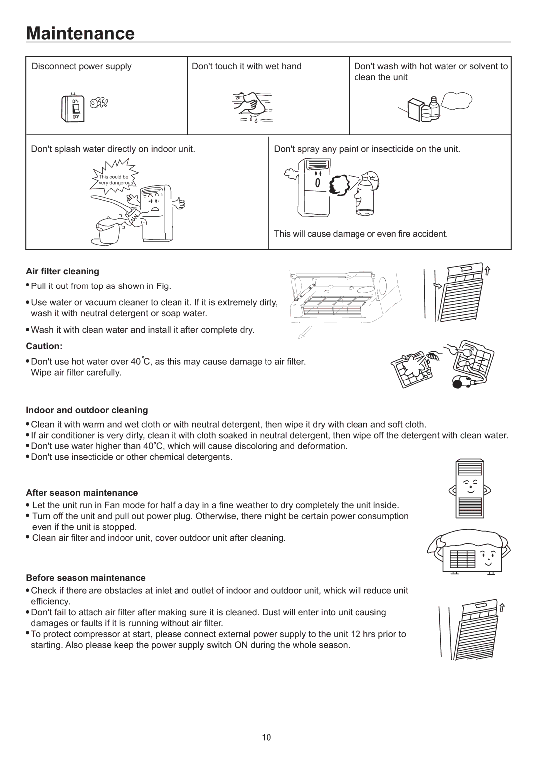 Haier AP48KS1ERA Air filter cleaning, Indoor and outdoor cleaning, After season maintenance, Before season maintenance 