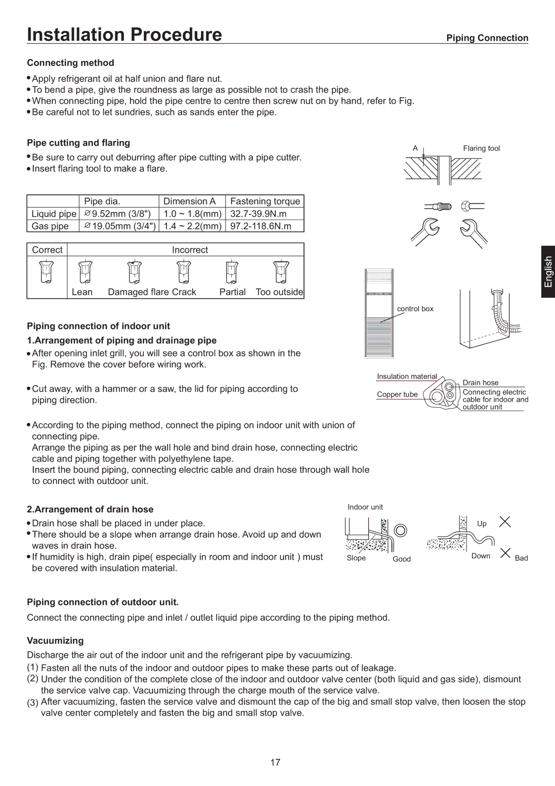 Haier AP48DS1ERA Piping Connection Connecting method, Pipe cutting and flaring, Arrangement of drain hose, Vacuumizing 