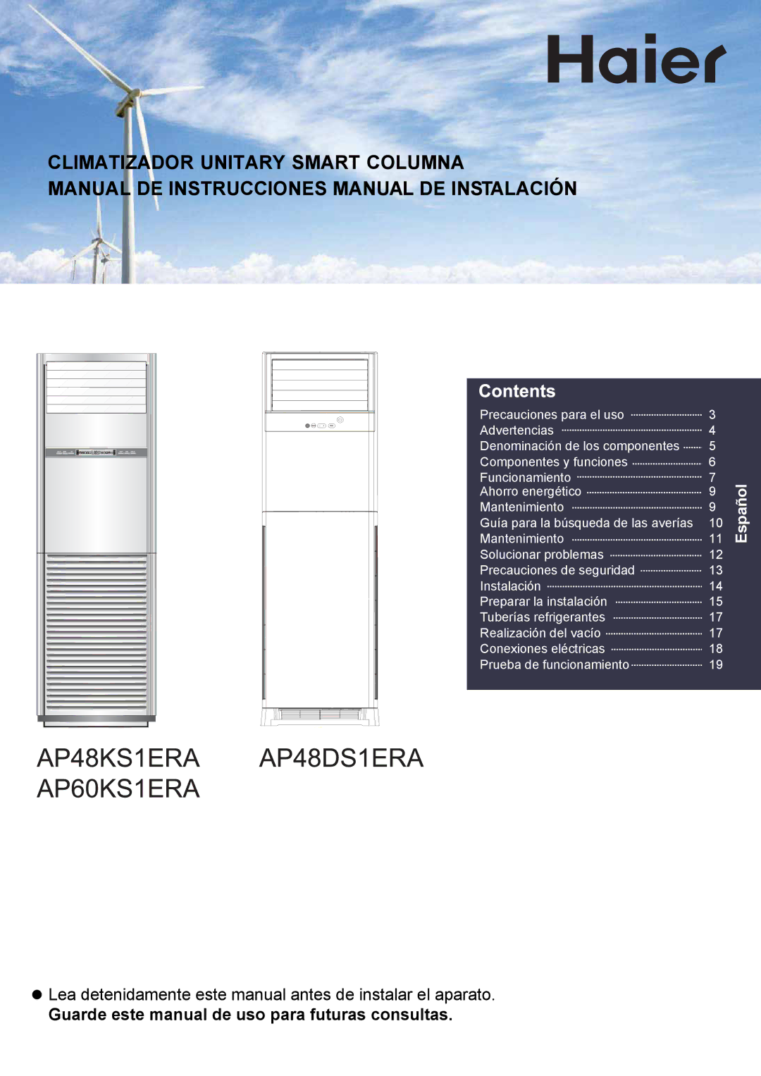 Haier AP60KS1ERA, AP48KS1ERA, AP48DS1ERA operation manual Guarde este manual de uso para futuras consultas 