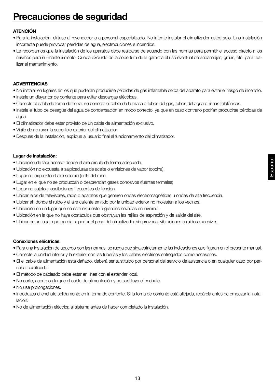 Haier AP60KS1ERA, AP48KS1ERA, AP48DS1ERA Precauciones de seguridad, Atención, Lugar de instalación, Conexiones eléctricas 