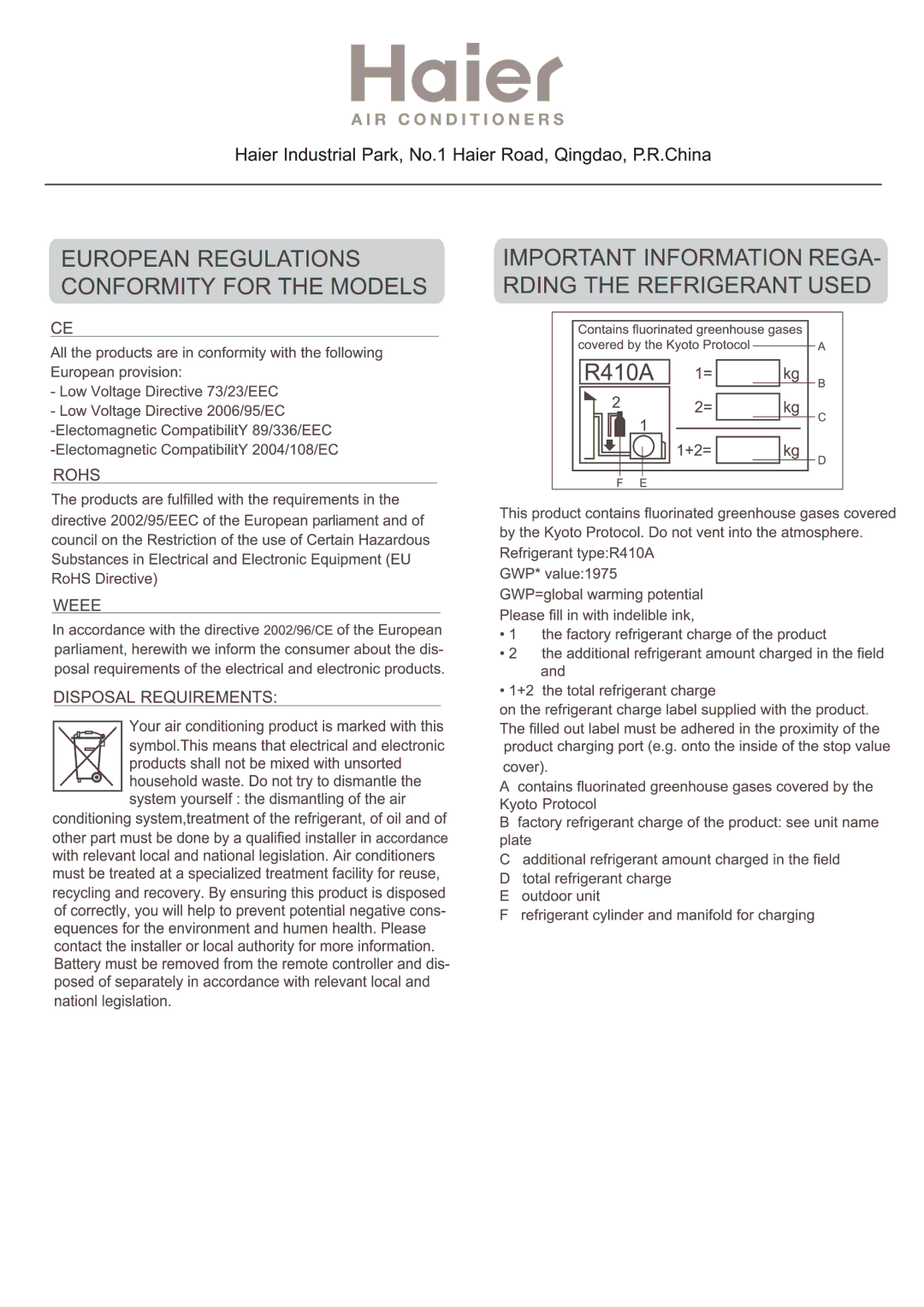 Haier AP48DS1ERA, AP48KS1ERA, AP60KS1ERA operation manual 