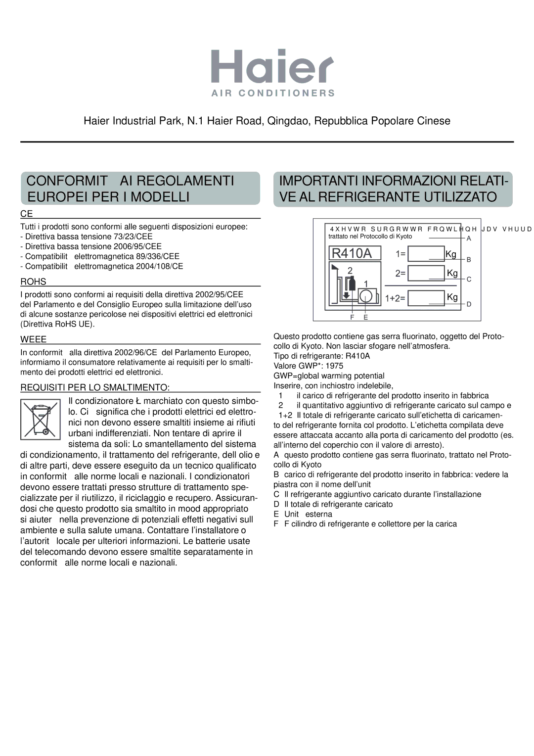 Haier AP60KS1ERA, AP48KS1ERA, AP48DS1ERA operation manual Conformità AI Regolamenti Europei PER I Modelli 