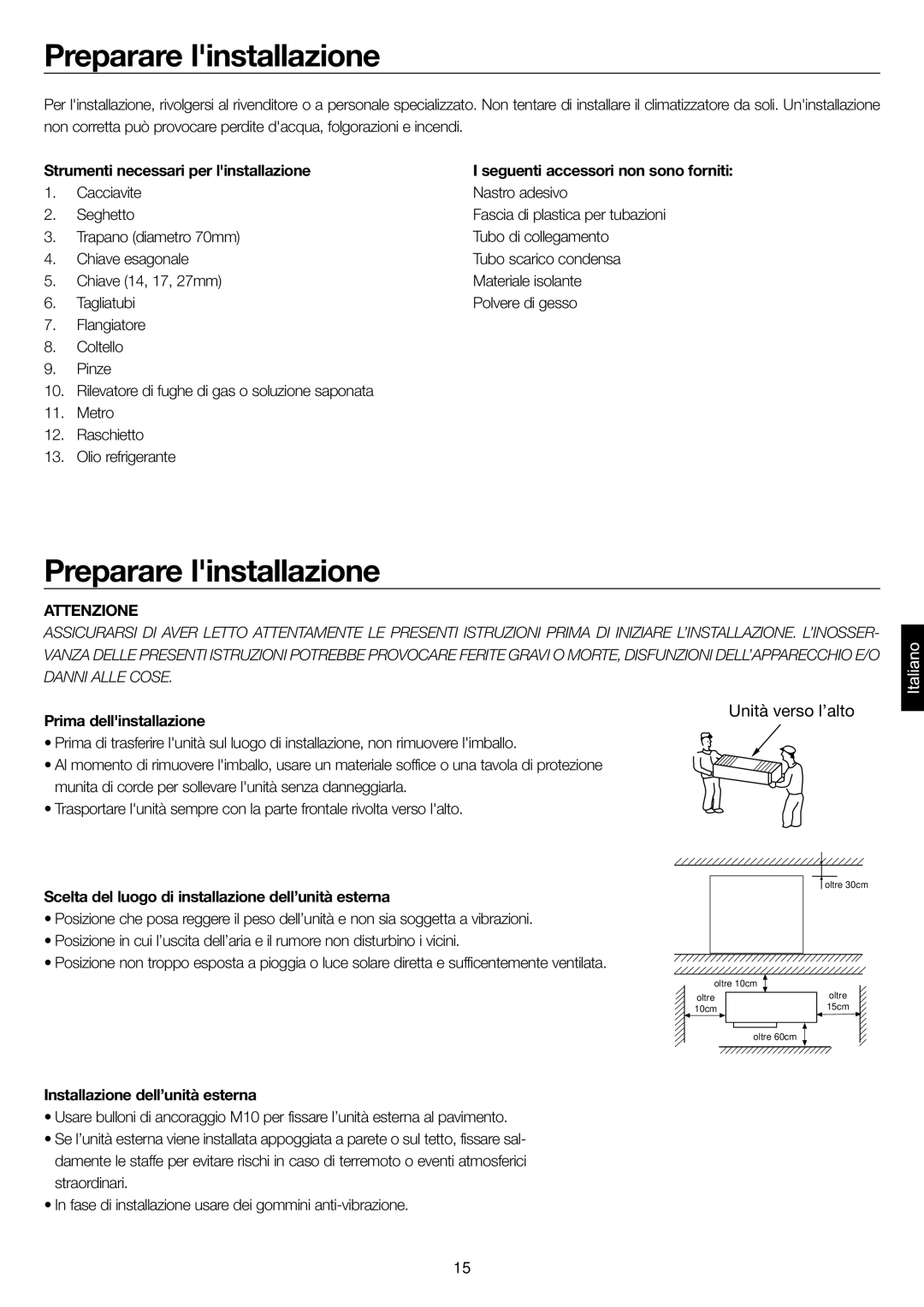 Haier AP48KS1ERA, AP48DS1ERA Preparare linstallazione, Strumenti necessari per linstallazione, Prima dellinstallazione 