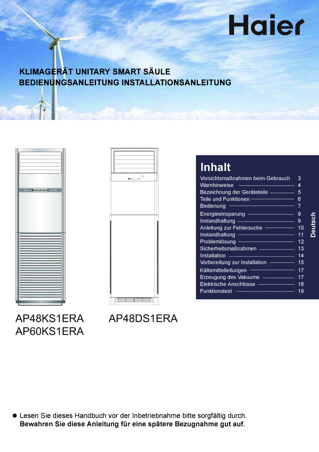 Haier AP60KS1ERA, AP48KS1ERA, AP48DS1ERA operation manual Inhalt 