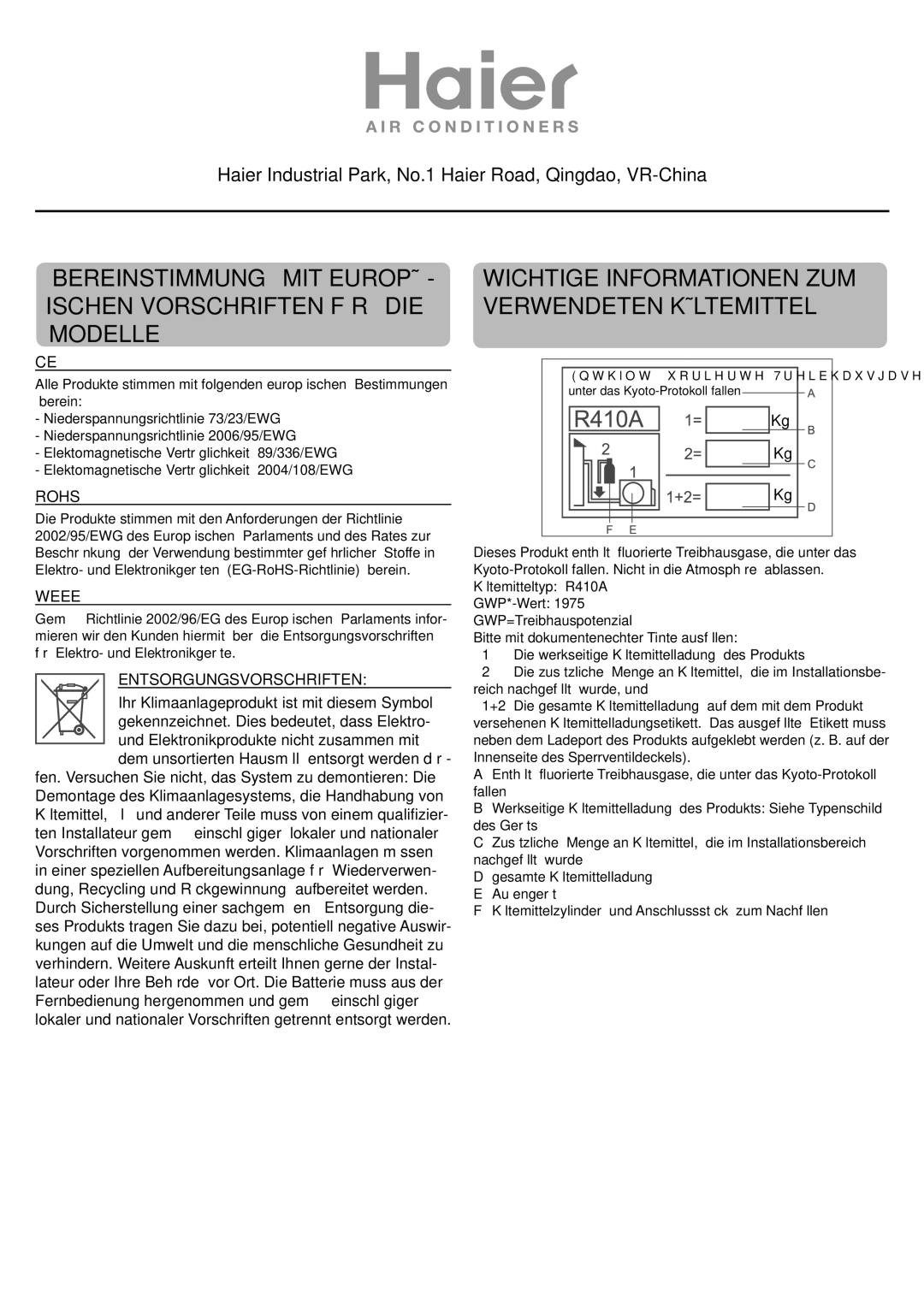 Haier AP48KS1ERA, AP48DS1ERA, AP60KS1ERA operation manual Wichtige Informationen ZUM Verwendeten Kältemittel 