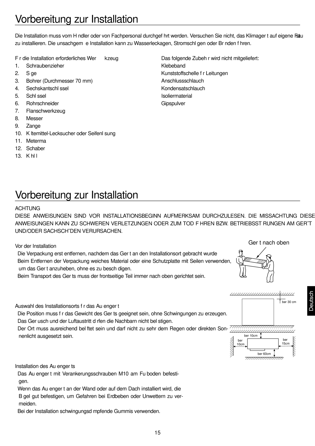 Haier AP48DS1ERA Vorbereitung zur Installation, Für die Installation erforderliches Werkzeug, Vor der Installation 