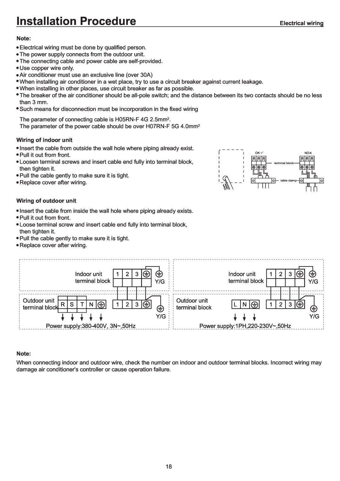 Haier AP60KS1ERA, AP48KS1ERA Electrical wiring, Wiring of indoor unit, Wiring of outdoor unit, Installation Procedure 