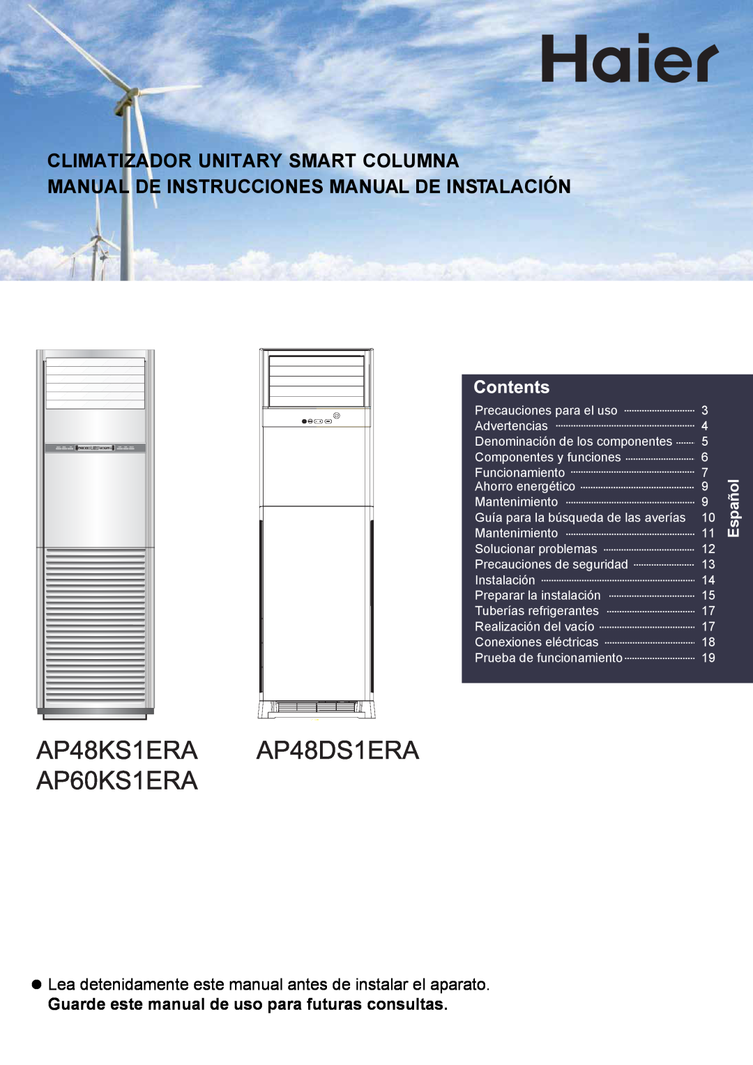 Haier AP60KS1ERA, AP48KS1ERA Climatizador Unitary Smart Columna, Manual De Instrucciones Manual De Instalación, Español 