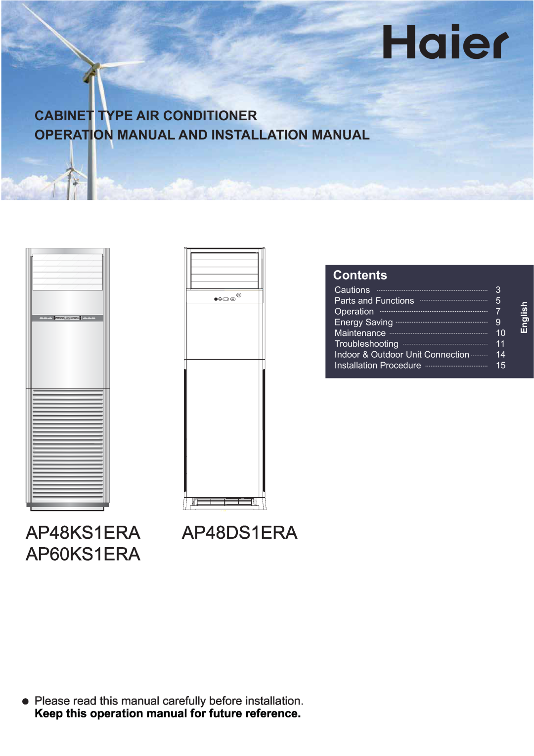 Haier AP48KS1ERA, AP48DS1ERA Cabinet Type Air Conditioner, Operation Manual And Installation Manual, Contents, English 