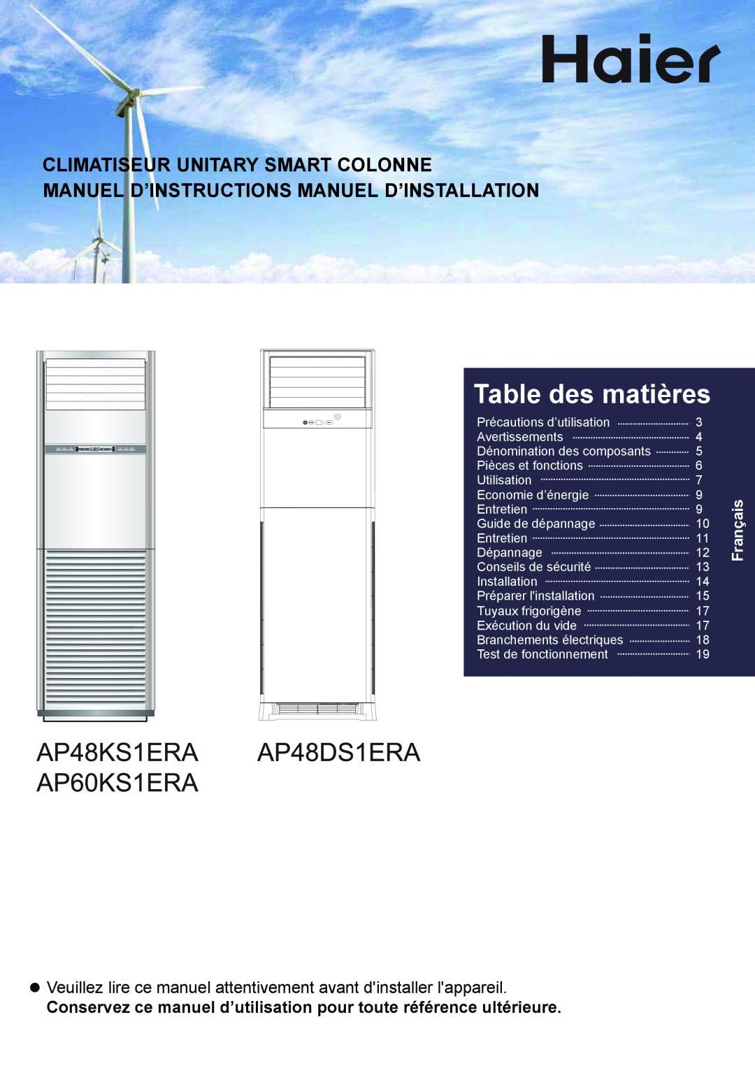 Haier AP48KS1ERA Table des matières, Climatiseur Unitary Smart Colonne, Manuel D’Instructions Manuel D’Installation 