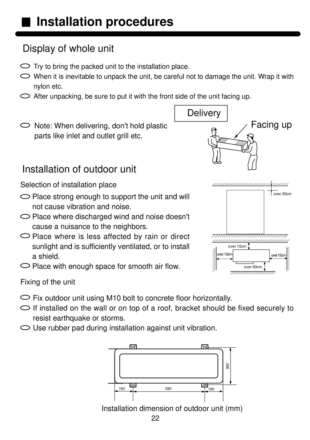 Haier AP602AKEAA, AP482AKEAA Installation procedures, Shield, Place with enough space for smooth air flow 