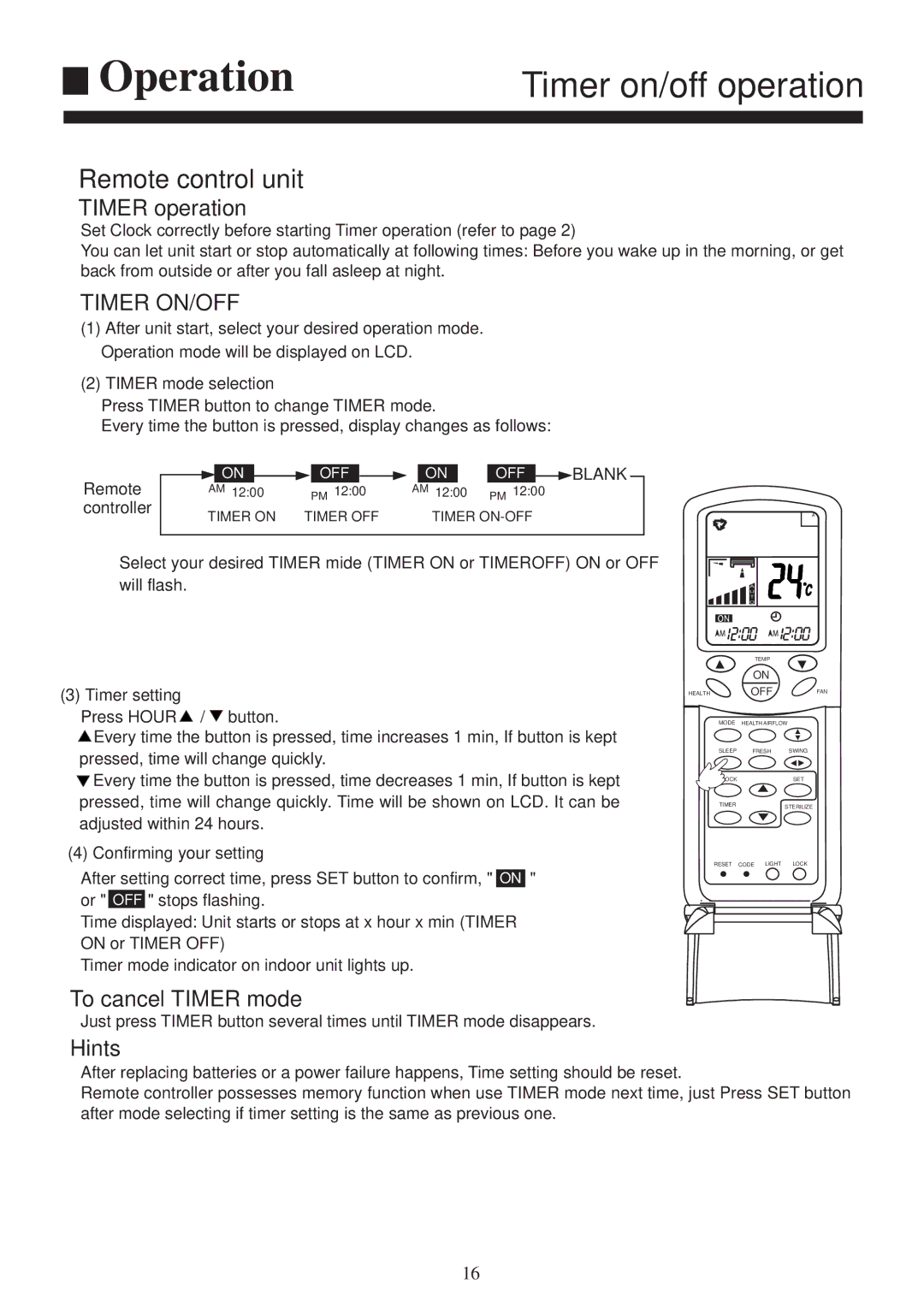 Haier AS122XHERA, AS072XHERA, AS092XHERA installation manual Timer on/off operation, Remote control unit 