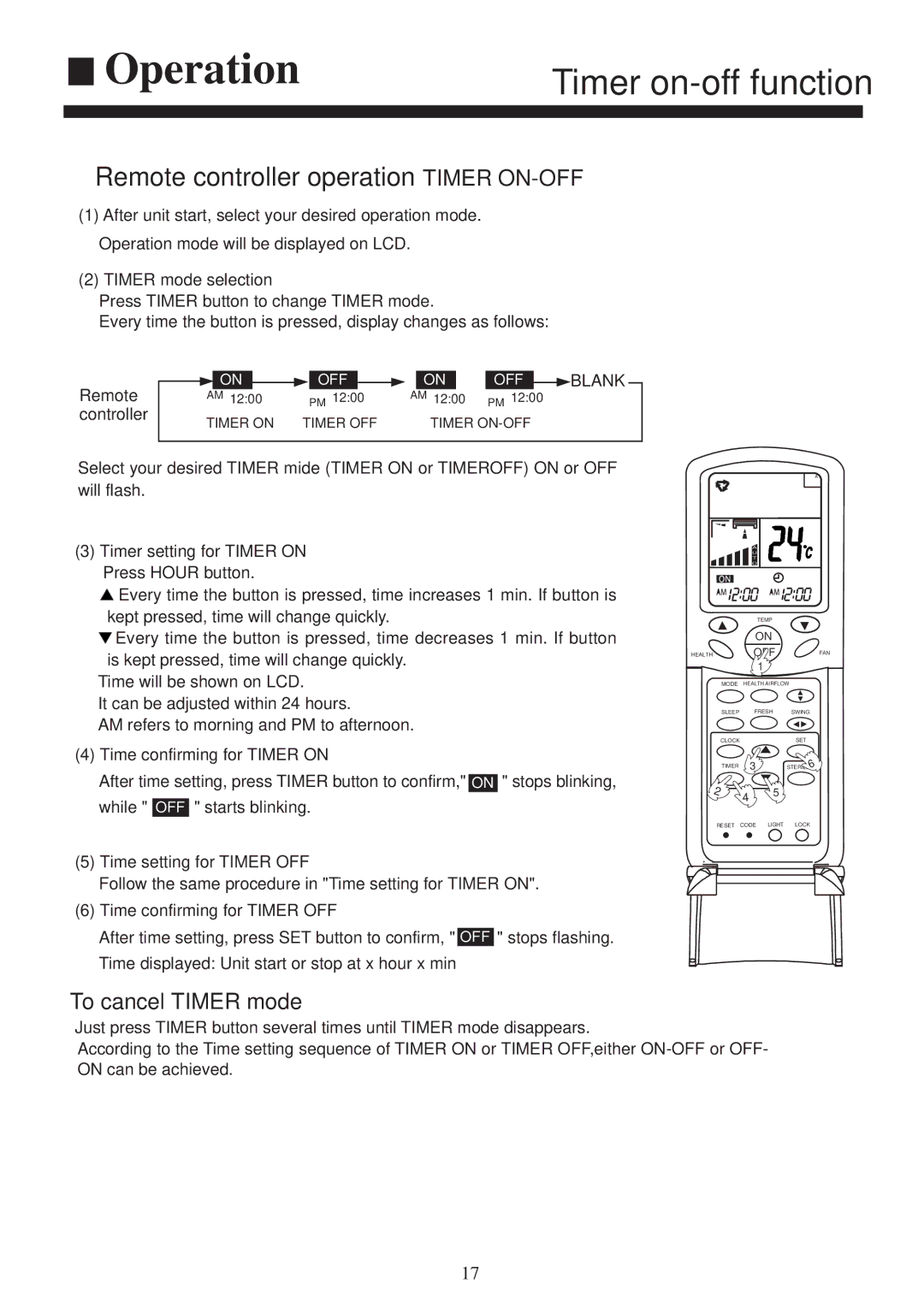 Haier AS072XHERA, AS122XHERA, AS092XHERA installation manual Timer on-off function, Remote controller operation Timer ON-OFF 