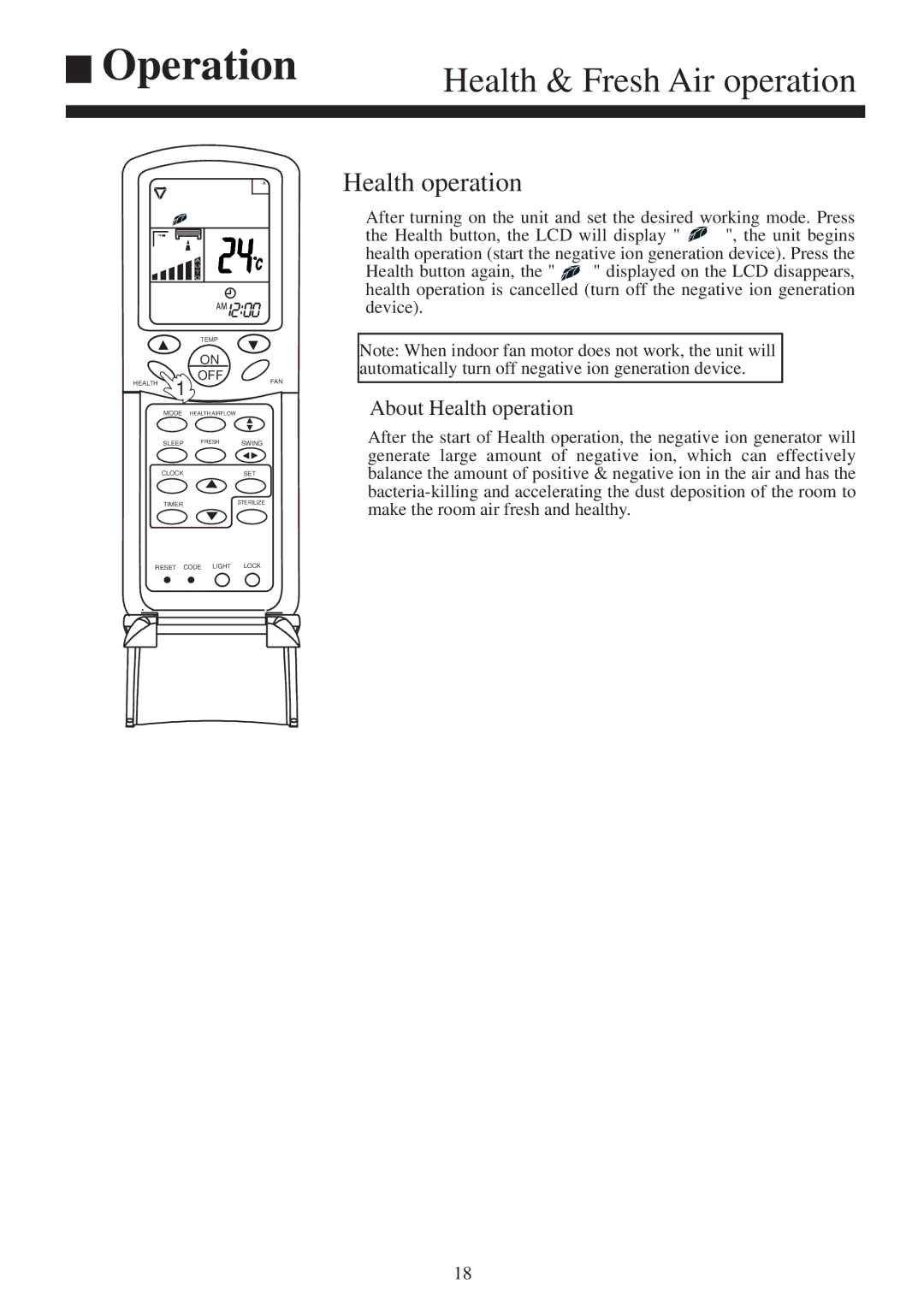 Haier AS092XHERA, AS122XHERA, AS072XHERA installation manual Health & Fresh Air operation, About Health operation 