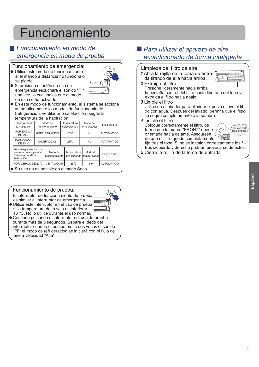 Haier AS12SH1ERA/1U12EH1ERA Funcionamiento en modo de emergencia en modo de prueba, Su uso no es posible en el modo Seco 