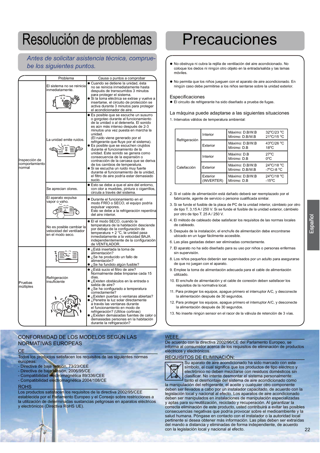 Haier AS09SH1ERA/1U09EH1ERA, AS12SB1HRA/1U12QE6ERA, AS09SB1HRA/1U09QE6ERA, AS12SH1ERA/1U12EH1ERA operation manual Precauciones 