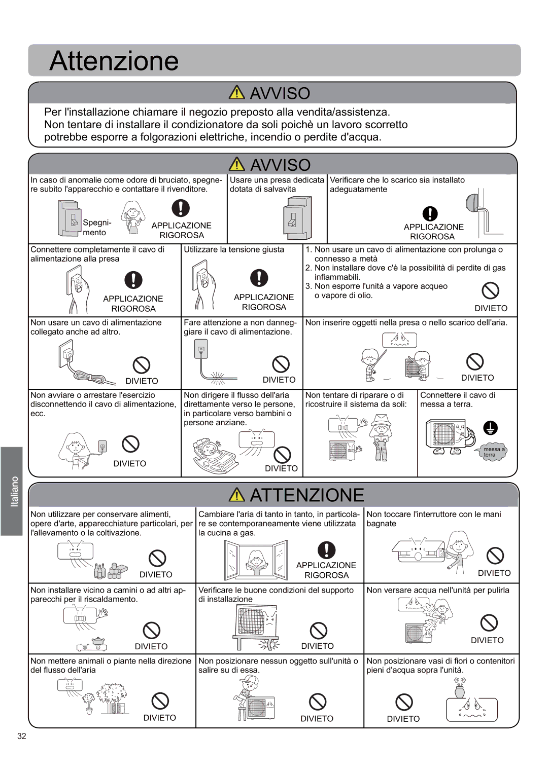 Haier AS12SB1HRA/1U12QE6ERA, AS09SH1ERA/1U09EH1ERA, AS09SB1HRA/1U09QE6ERA, AS12SH1ERA/1U12EH1ERA operation manual Attenzione 