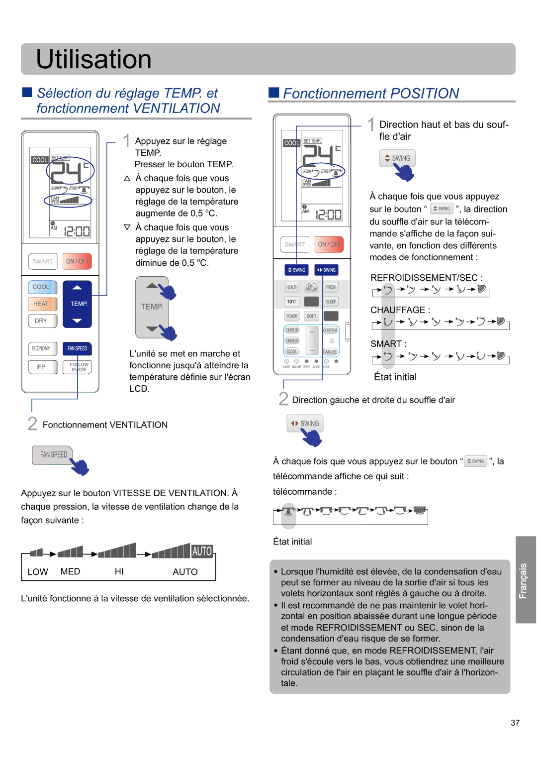 Haier AS09SH1ERA/1U09EH1ERA, AS12SB1HRA/1U12QE6ERA, AS09SB1HRA/1U09QE6ERA operation manual „ Fonctionnement Position, Temp 