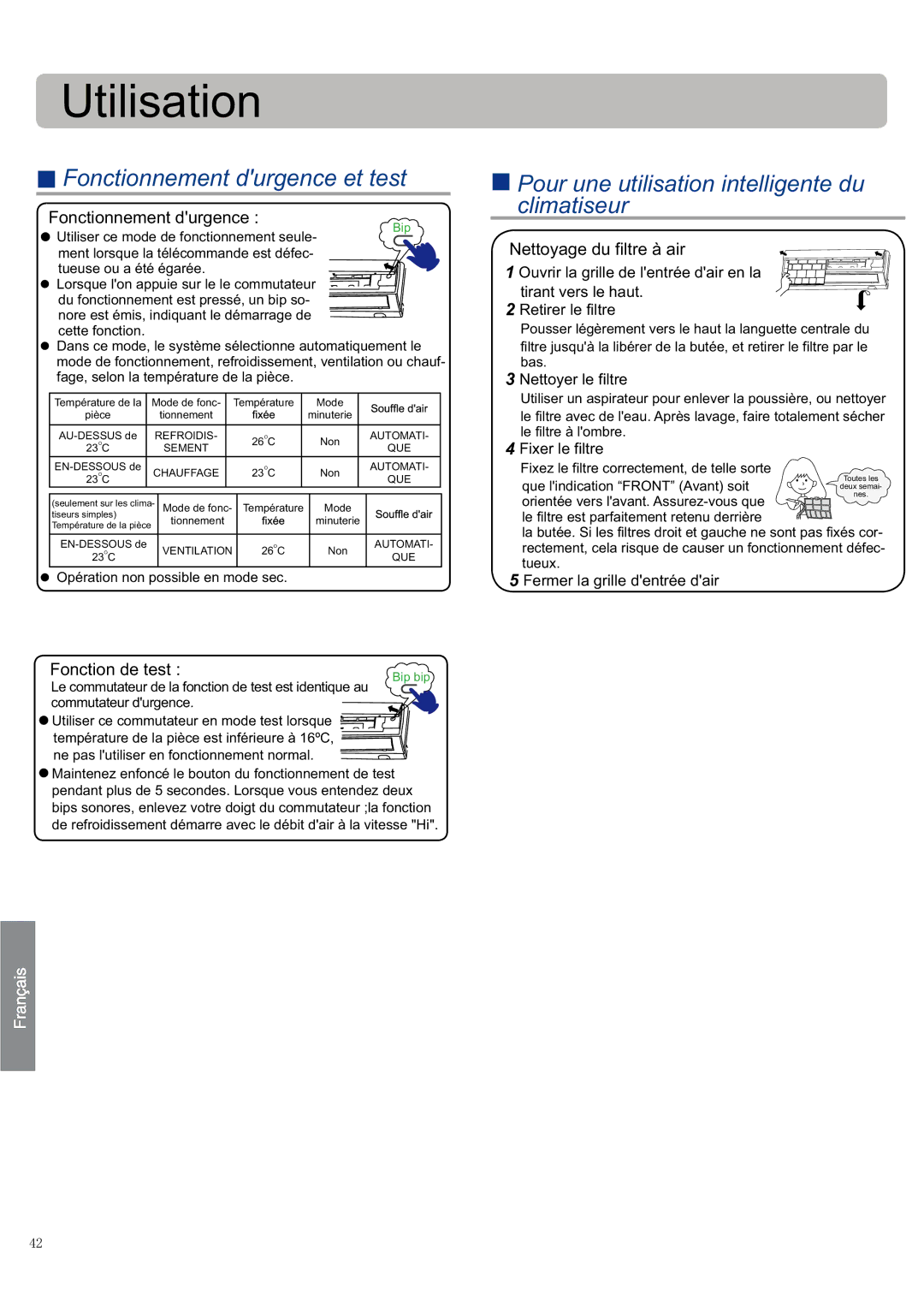 Haier AS09SB1HRA/1U09QE6ERA, AS12SB1HRA/1U12QE6ERA, AS09SH1ERA/1U09EH1ERA operation manual Fonctionnement durgence et test 