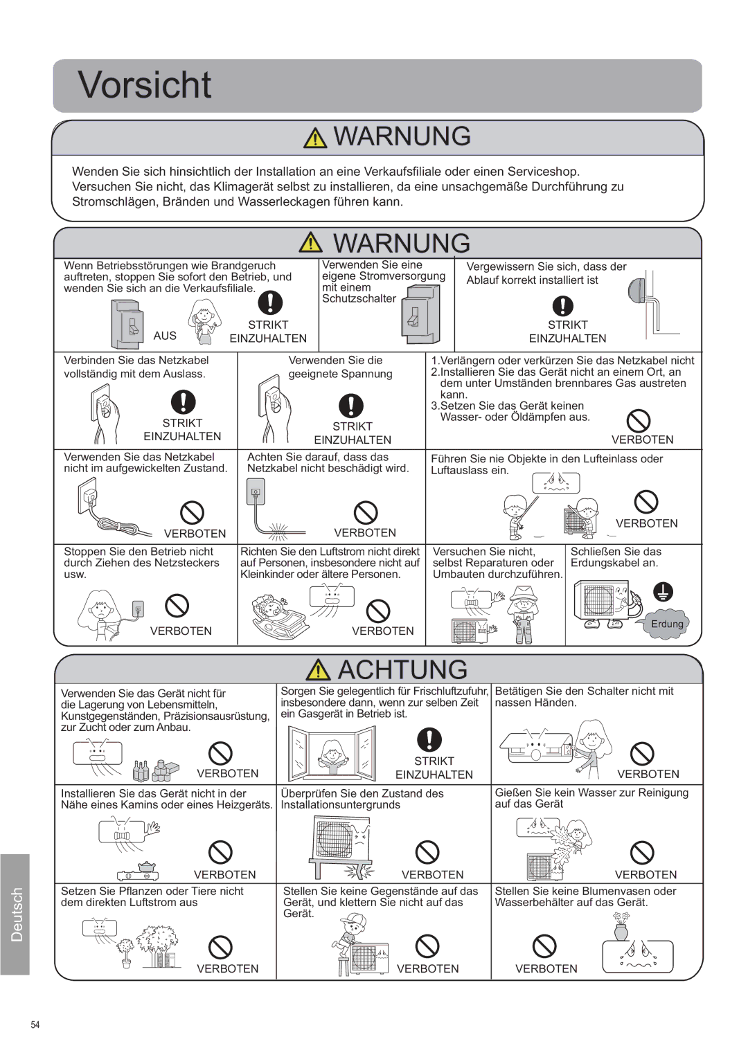 Haier AS09SB1HRA/1U09QE6ERA, AS12SB1HRA/1U12QE6ERA, AS09SH1ERA/1U09EH1ERA, AS12SH1ERA/1U12EH1ERA operation manual Vorsicht 