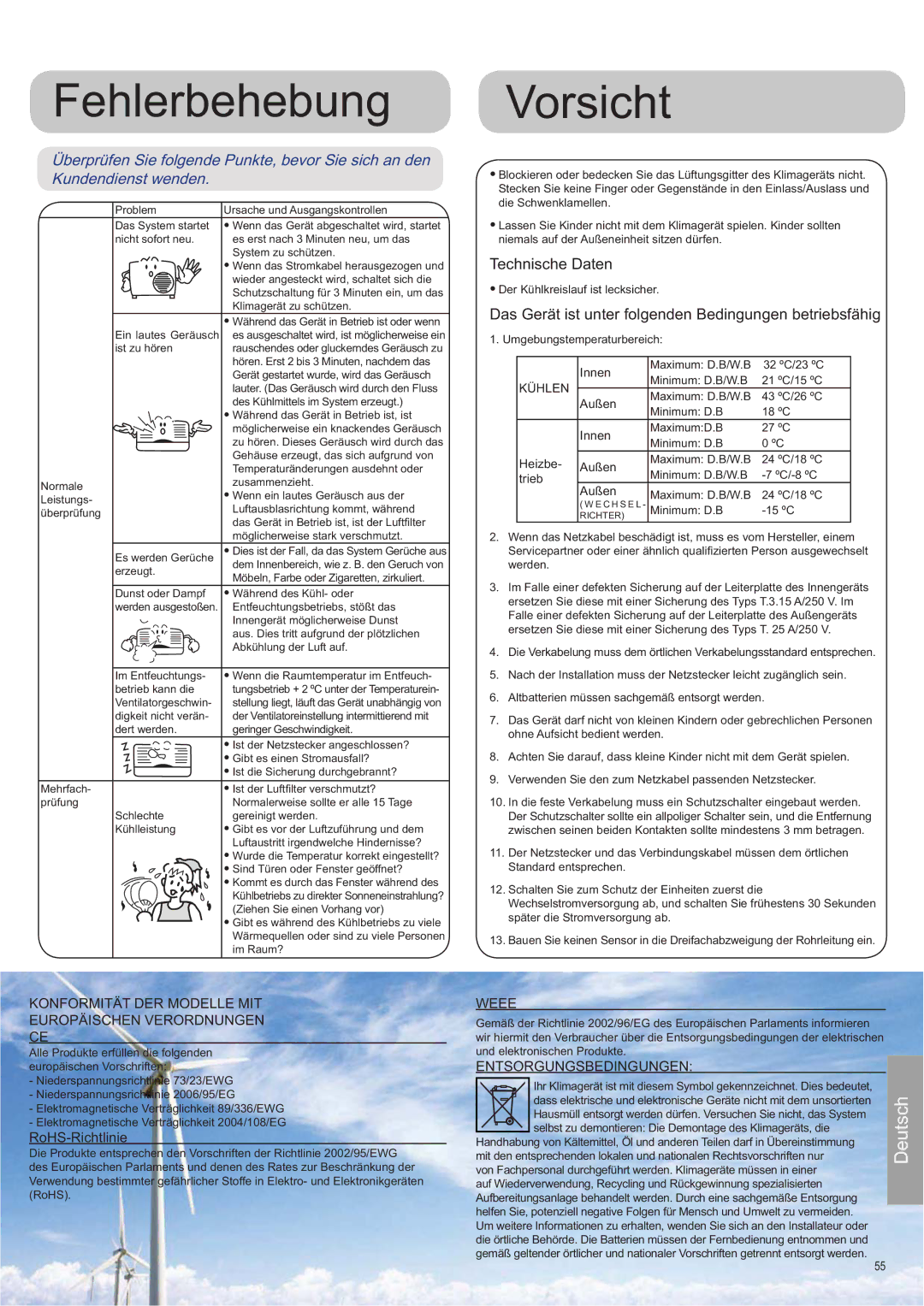 Haier AS12SB1HRA/1U12QE6ERA operation manual Technische Daten, Das Gerät ist unter folgenden Bedingungen betriebsfähig 