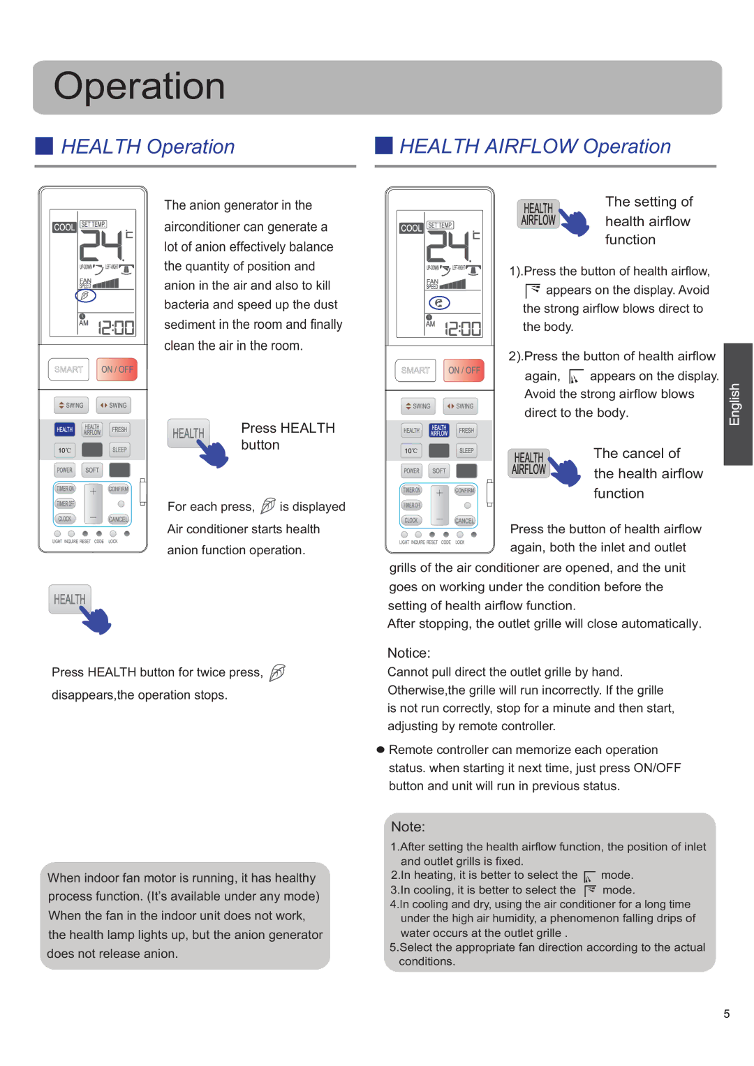 Haier AS12SH1ERA/1U12EH1ERA, AS12SB1HRA/1U12QE6ERA operation manual Setting, Function, Cancel Health airflow function 