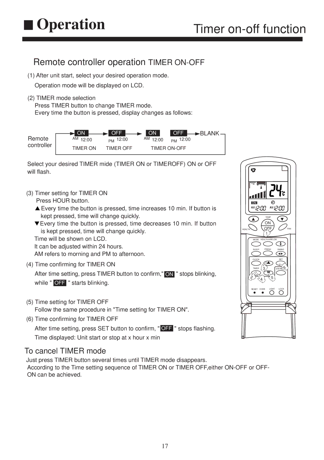 Haier AS122XVERA, AS182XVERA, AS072XVERA, AS092XVERA Timer on-off function, Remote controller operation Timer ON-OFF 