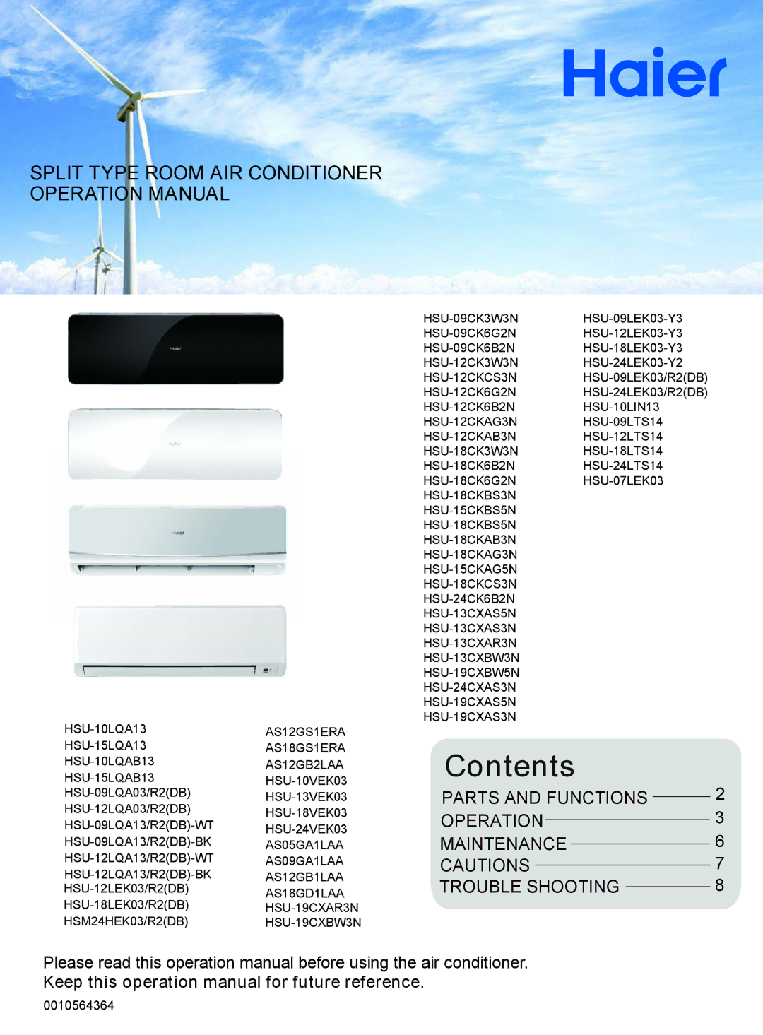 Haier AS12GB2LAA, AS18GS1ERA, AS12GS1ERA, HSM24HEK03/R2(DB), HSU-10LQA13, HSU-09LQA13/R2(DB)-BK operation manual 0010564364 