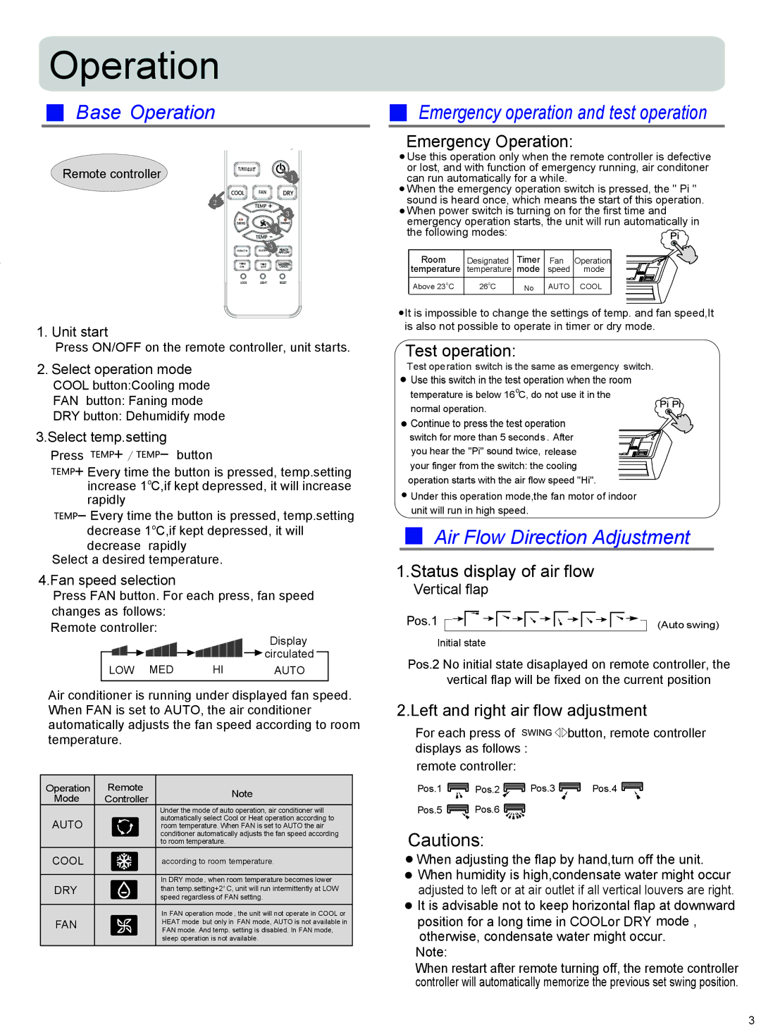 Haier HSM24HEK03/R2(DB) Base Operation Emergency operation and test operation, Air Flow Direction Adjustment 