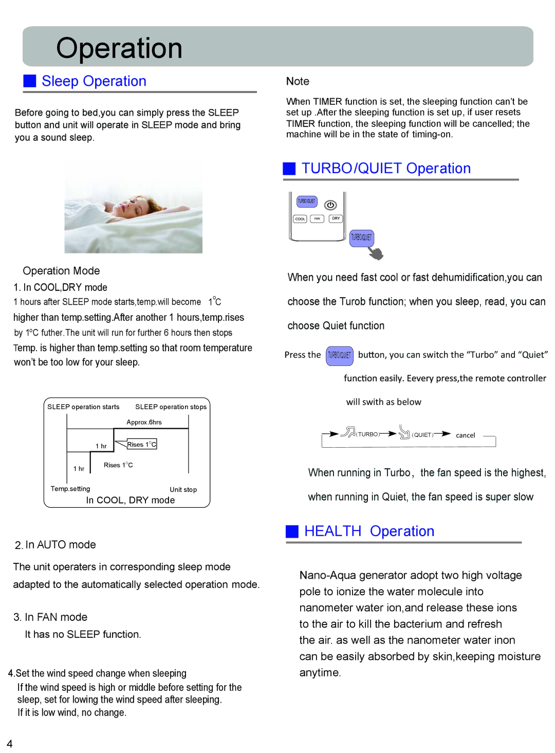 Haier HSU-10LQA13 Operation Mode COOL,DRY mode, Higher than temp.setting.After another 1 hours,temp.rises, COOL, DRY mode 