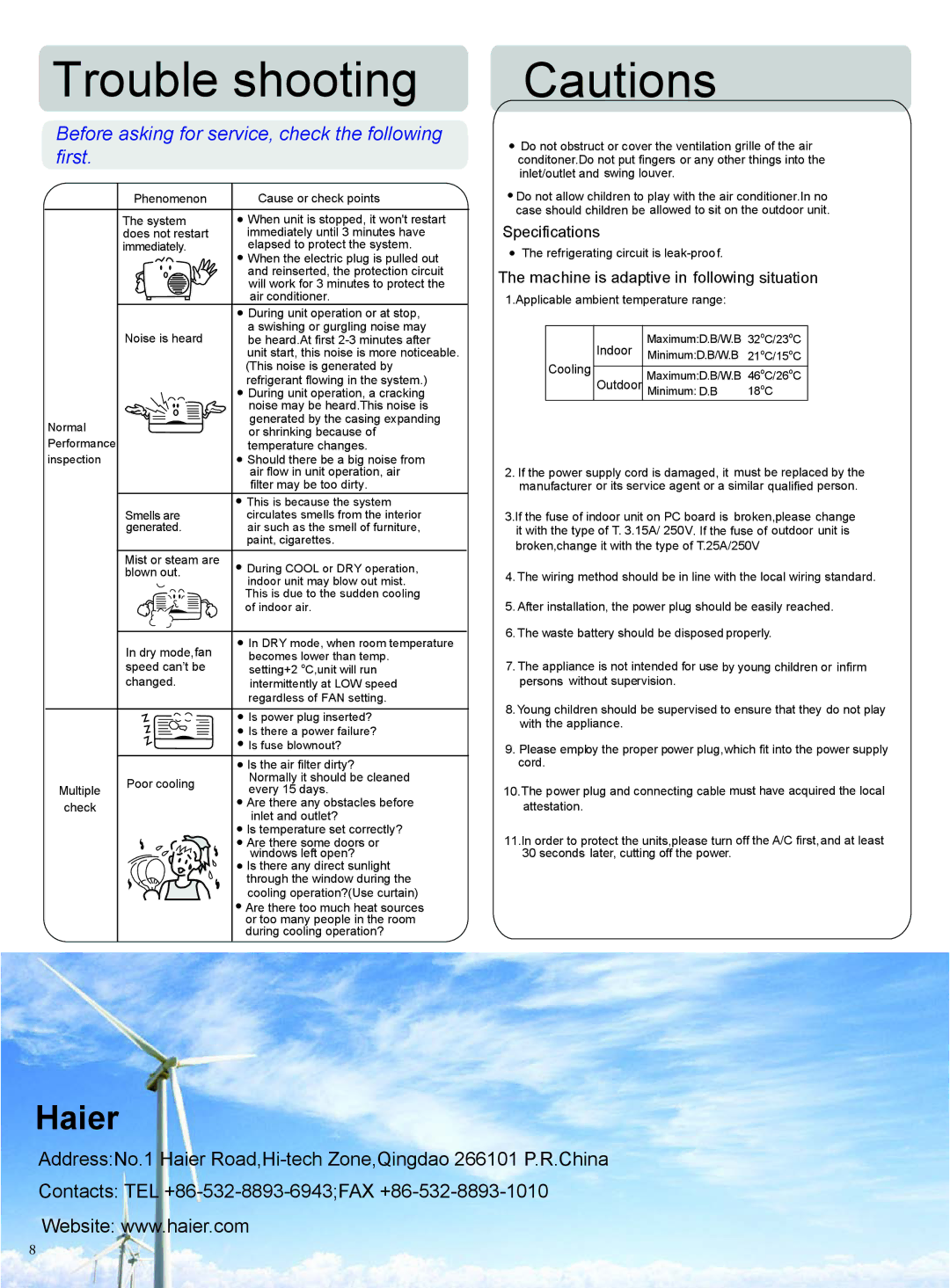 Haier HSU-12LQA13/R2(DB)-WT, AS18GS1ERA Trouble shooting, Specifications, Machine is adaptive in following situation 