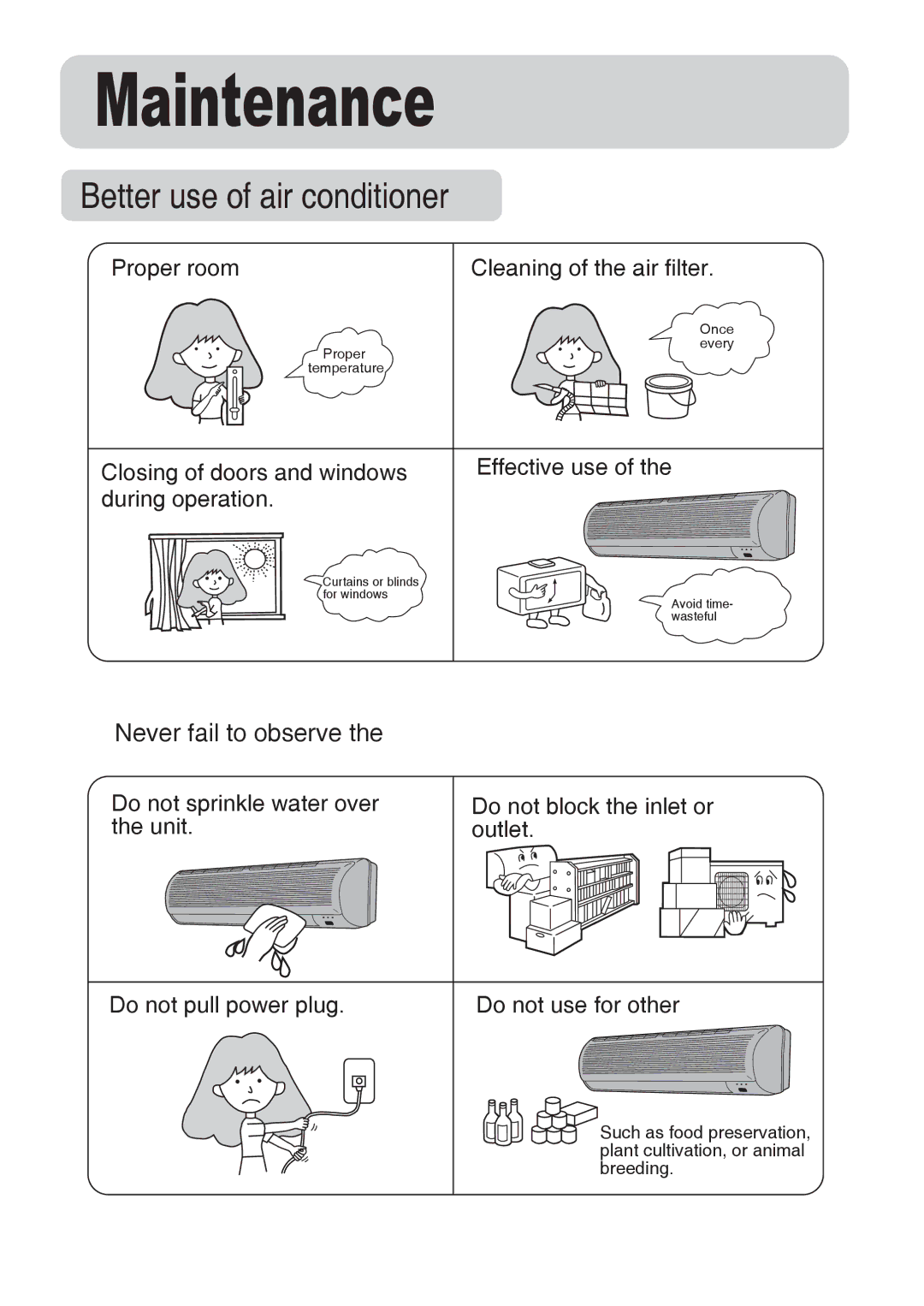 Haier HSU-07HW03/R1, AU072ABNAA, AU072ABBAA, AS072AZBDA, AS182ATNDA manual Better use of air conditioner, Never fail to observe 