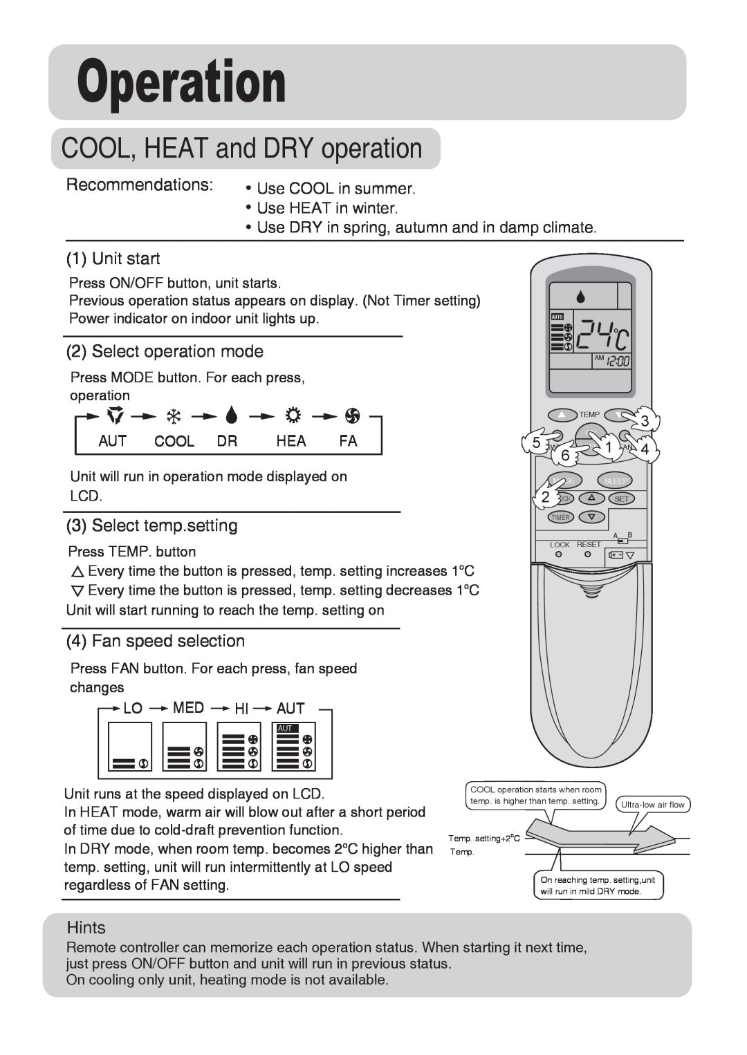 Haier AU162AFNAA manual COOL, HEAT and DRY operation, Operation, Recommendations, Unit start, Select operation mode, Hints 