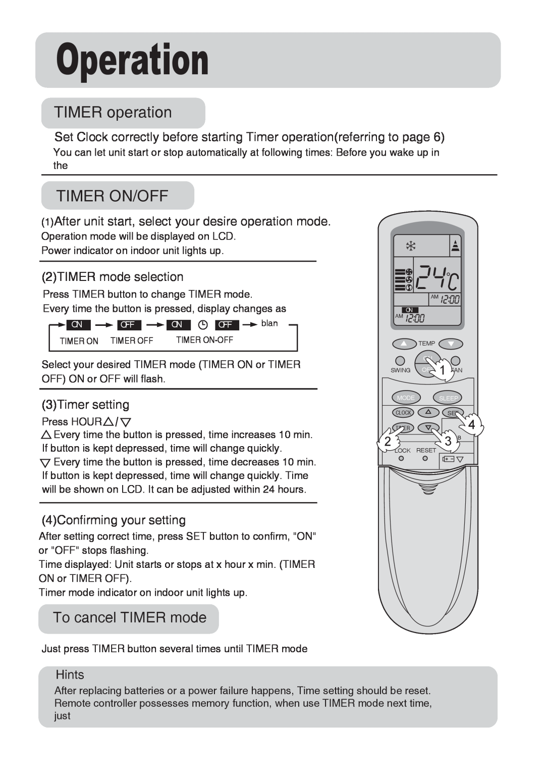 Haier AU072ABBAA TIMER operation, Timer On/Off, To cancel TIMER mode, Operation, 2TIMER mode selection, 3Timer setting 