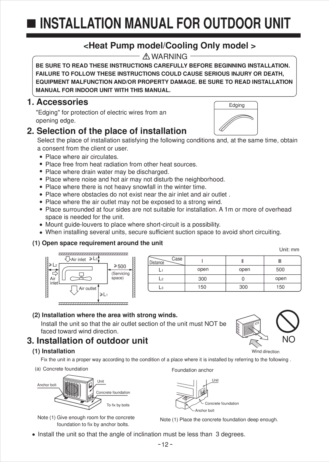 Haier AU122AABHA, AU092AABHA Open space requirement around the unit, Installation where the area with strong winds 