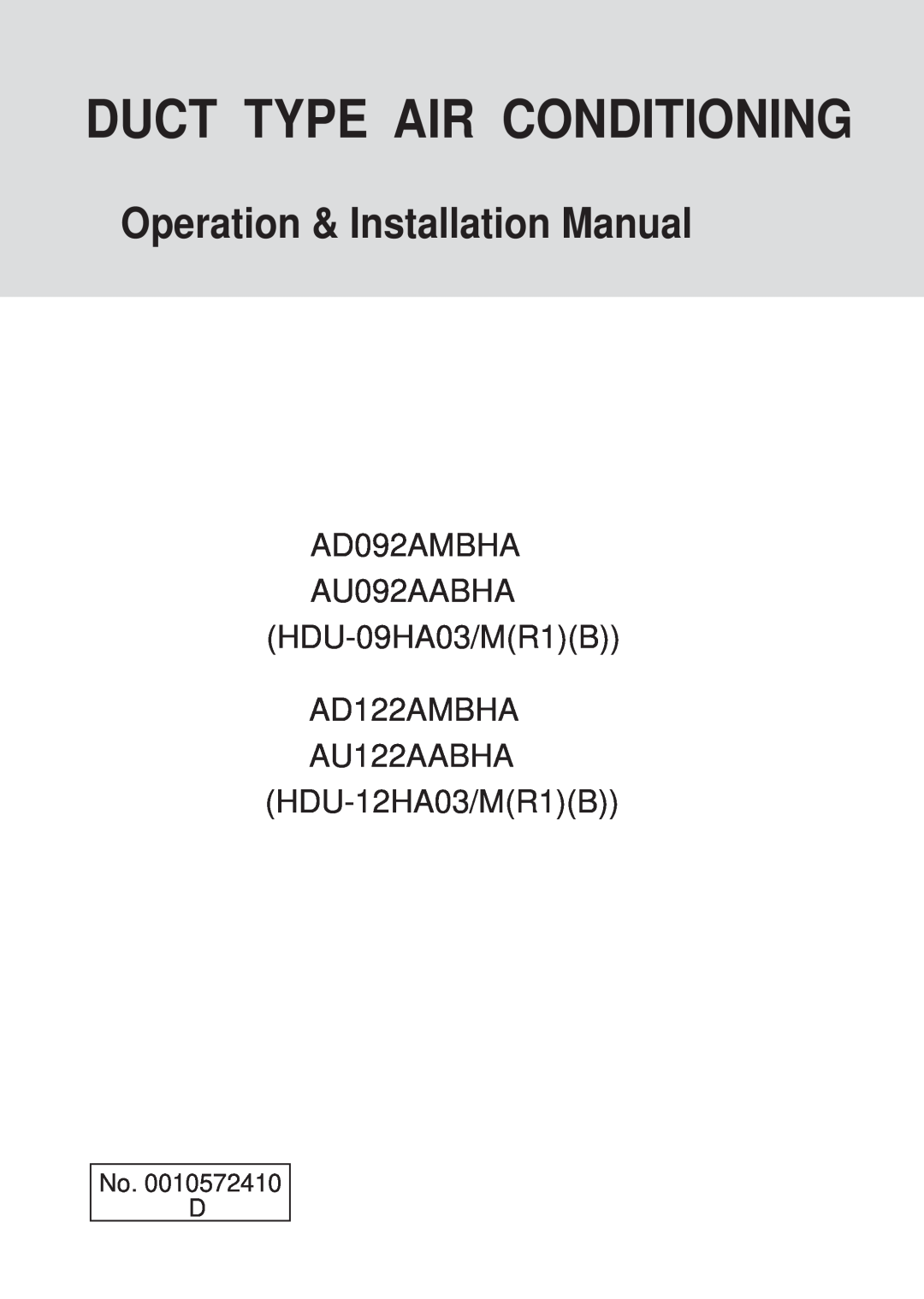Haier AU122AABHA installation manual Operation & Installation Manual, AD092AMBHA AU092AABHA HDU-09HA03/MR1B AD122AMBHA 