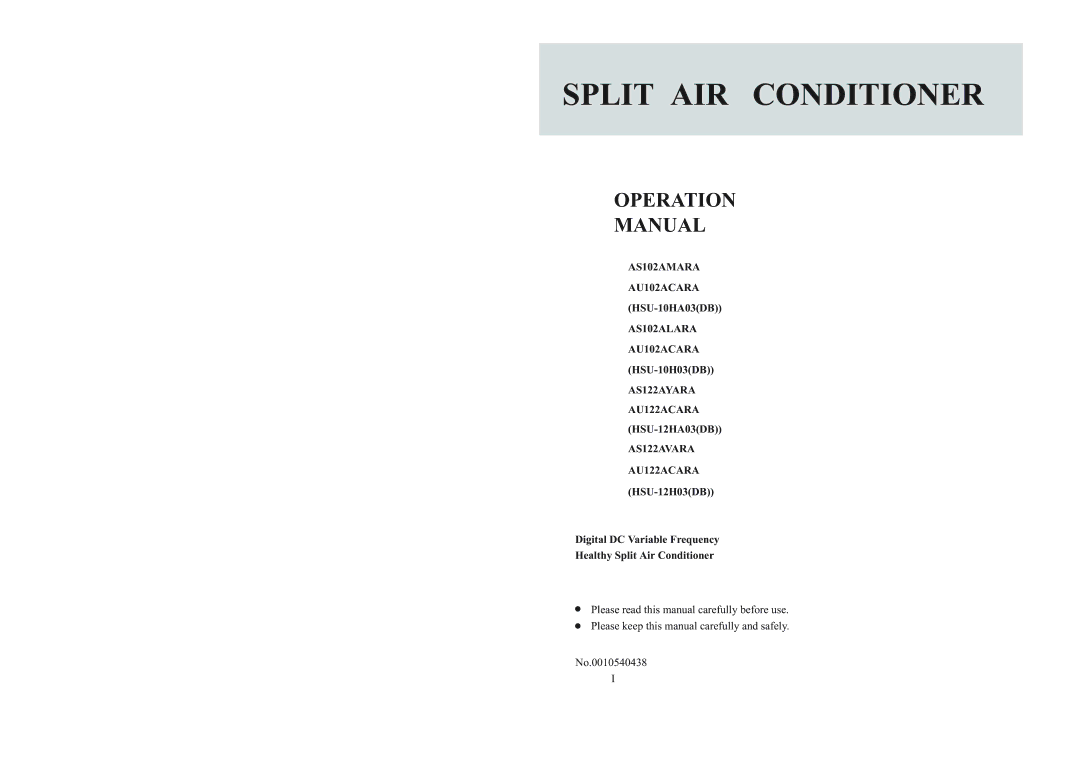 Haier AU122ACARA, AU102ACARA, AS122AYARA, AS102AMARA, AS122AVARA, AS102ALARA operation manual Split AIR Conditioner 