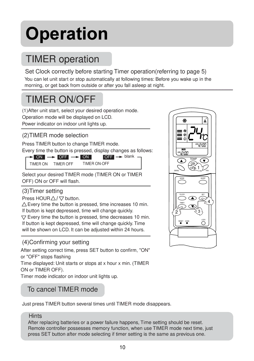 Haier AU122ABNCA, AU092ABNCA, AU072ABNCA, AS222AJNBA 2TIMER mode selection, 3Timer setting, 4Confirming your setting 