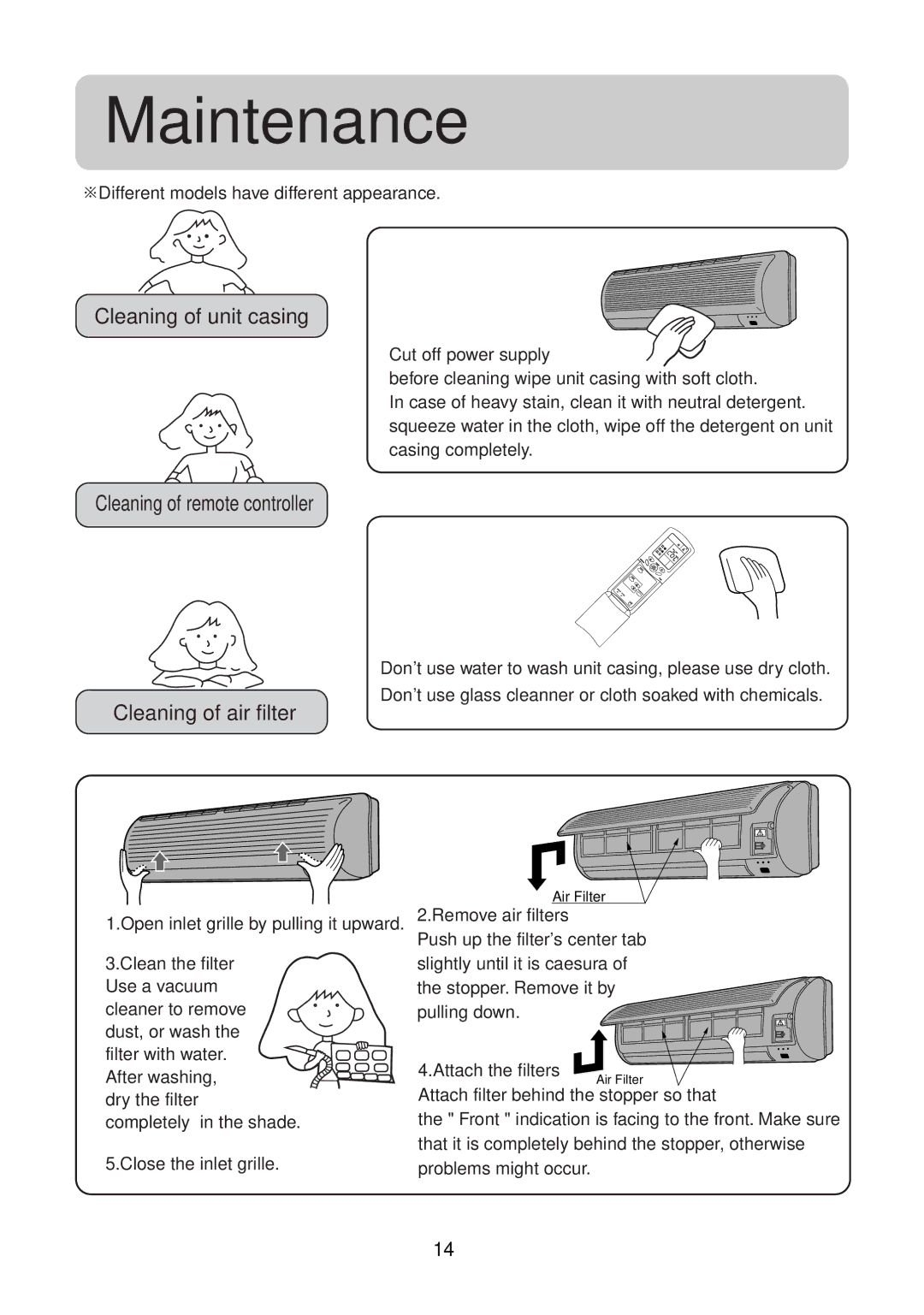 Haier AS182ASNBA, AU122ABNCA Maintenance, Cleaning of unit casing, Cleaning of remote controller, Cleaning of air filter 