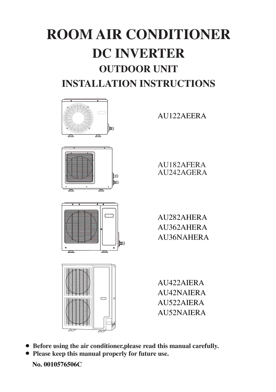 Haier AU36NAHERA, AU182AFERA, AU362AHERA, AU242AGERA, AU282AHERA installation instructions Room AIR Conditioner 