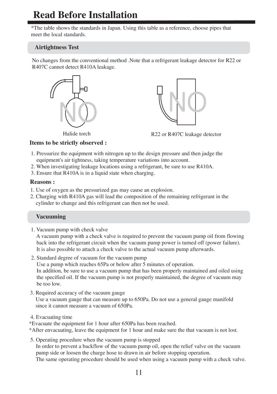 Haier AU242AGERA, AU182AFERA, AU36NAHERA, AU362AHERA Airtightness Test, Items to be strictly observed, Reasons, Vacuuming 