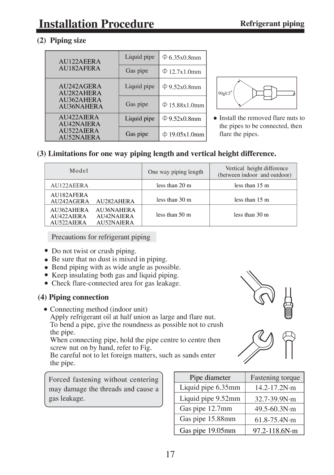 Haier AU282AHERA, AU182AFERA, AU36NAHERA, AU362AHERA, AU242AGERA installation instructions Refrigerant piping Piping size 