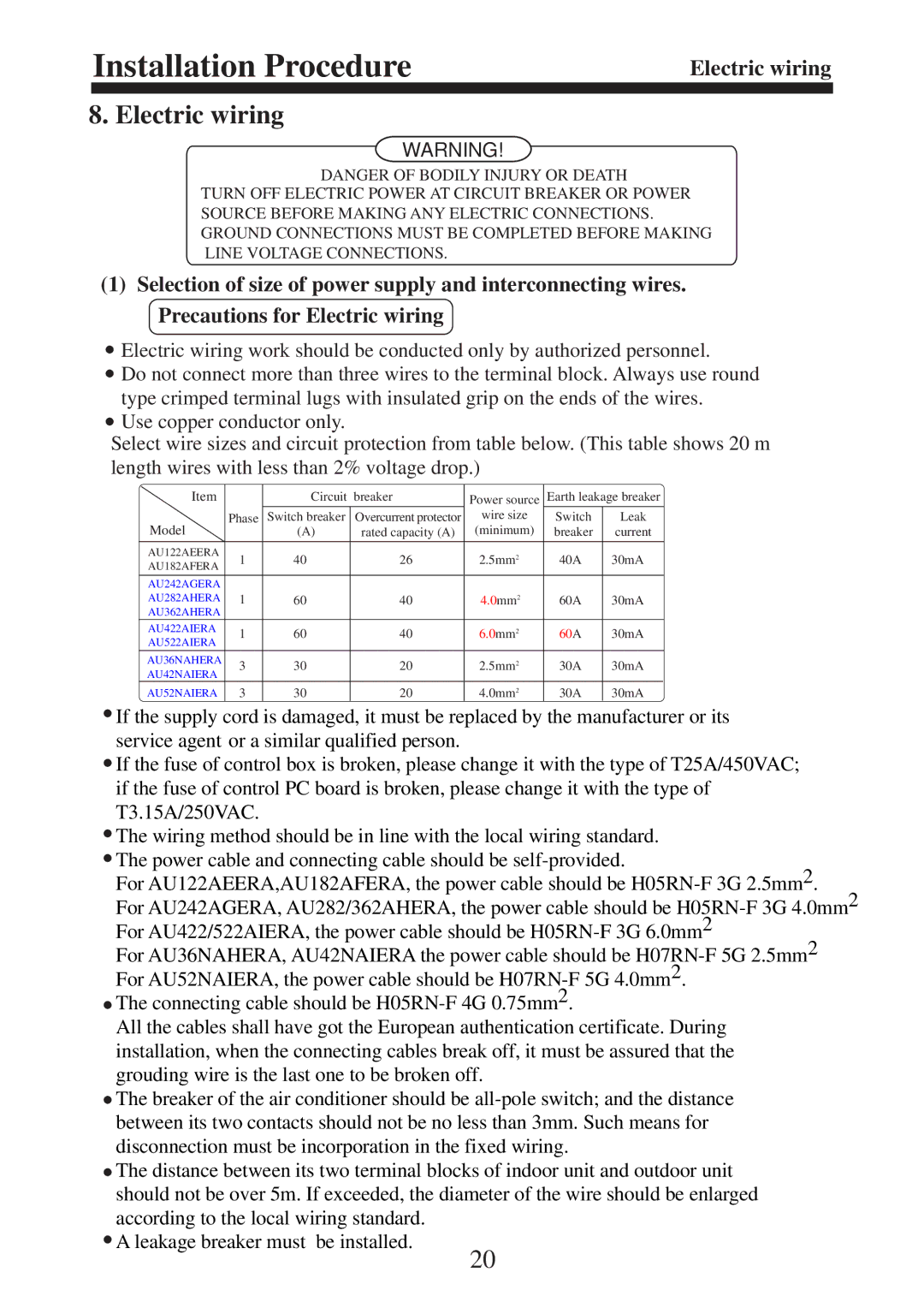 Haier AU362AHERA, AU182AFERA, AU36NAHERA, AU242AGERA, AU282AHERA installation instructions Electric wiring 