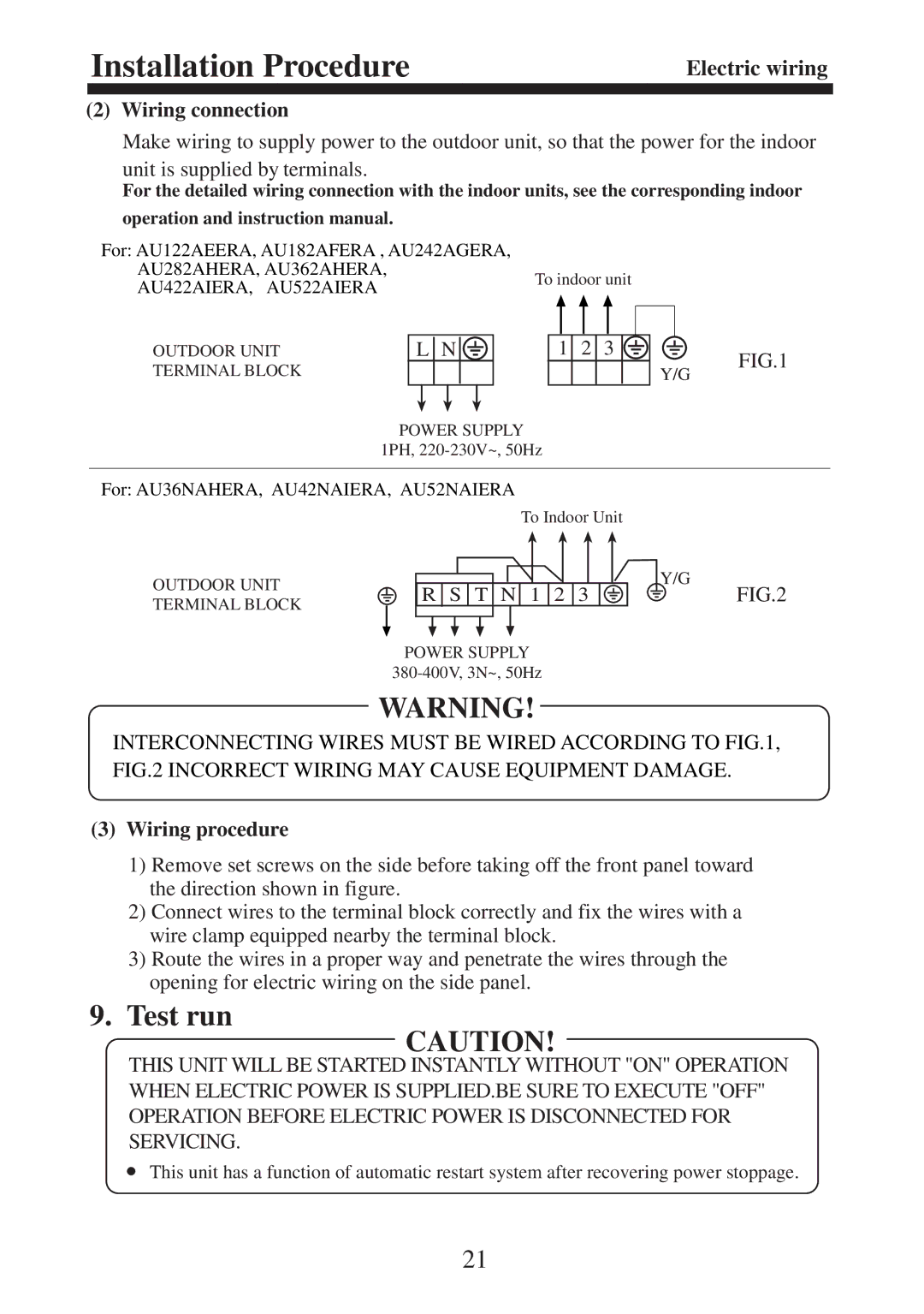 Haier AU242AGERA, AU182AFERA, AU36NAHERA, AU362AHERA, AU282AHERA installation instructions Wiring connection, Wiring procedure 