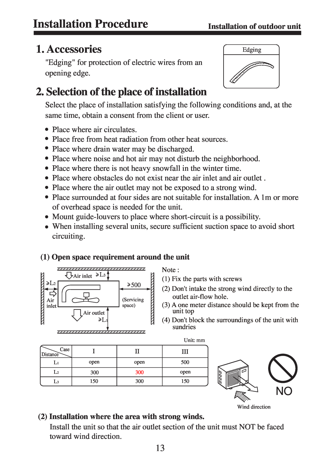 Haier AU182AFERA Installation Procedure, Accessories, Selection of the place of installation, Installation of outdoor unit 