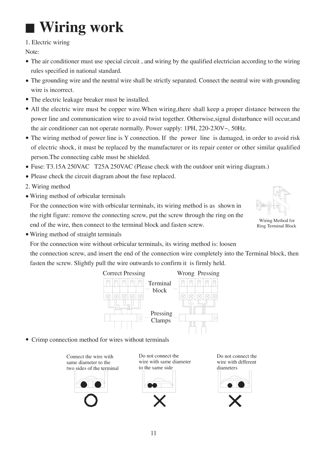 Haier AU182XFERA, AU222XFERA installation manual Wiring work, Correct Pressing Wrong Pressing Terminal Block Clamps 