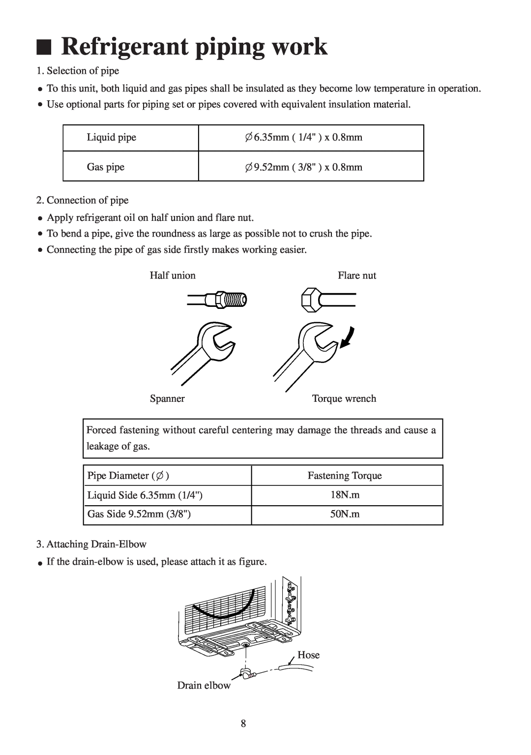 Haier AU222XFERA, AU182XFERA installation manual Refrigerant piping work, Hose Drain elbow 