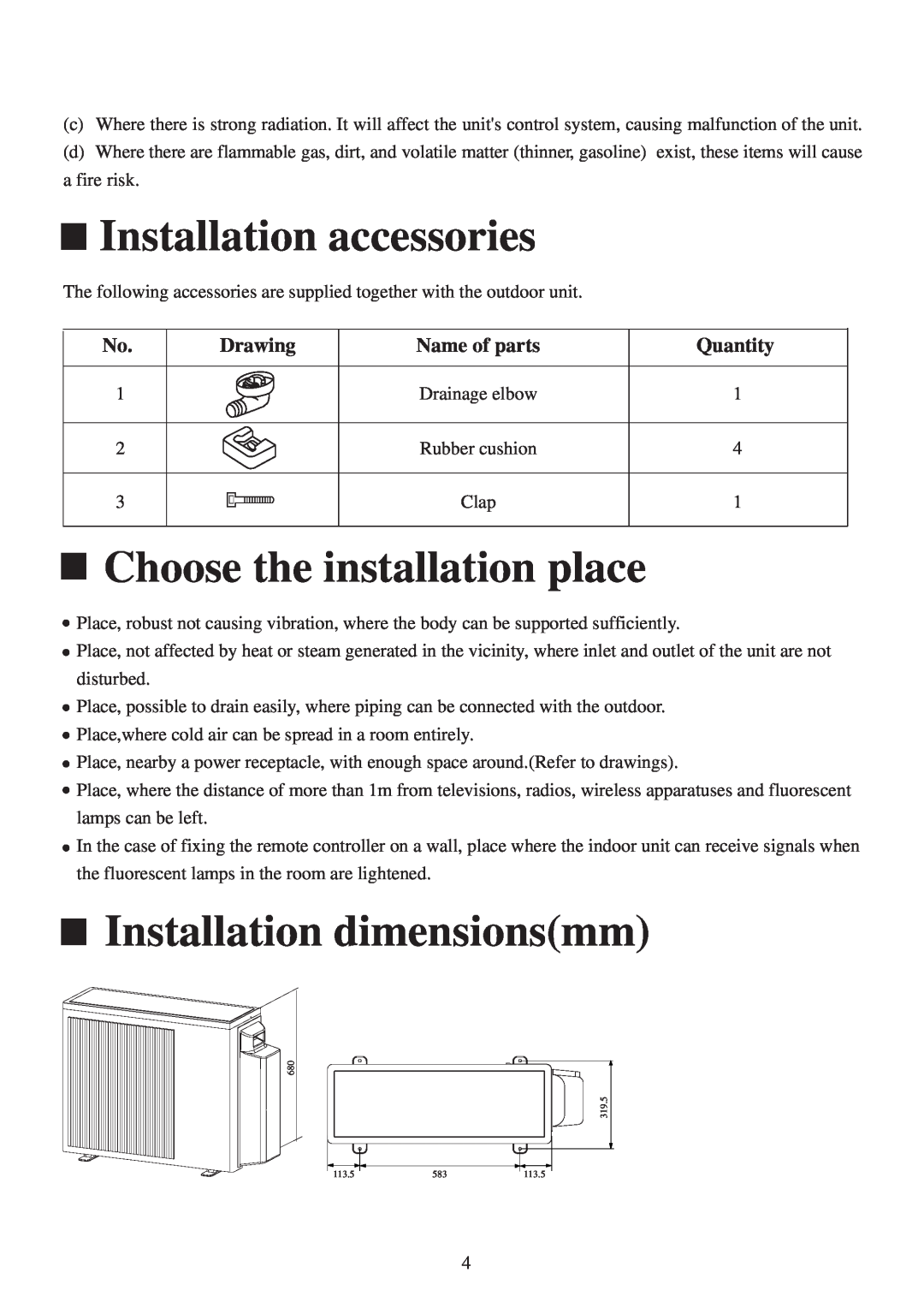 Haier AU222XFERA Installation accessories, Choose the installation place, Installation dimensionsmm, Drawing, Quantity 
