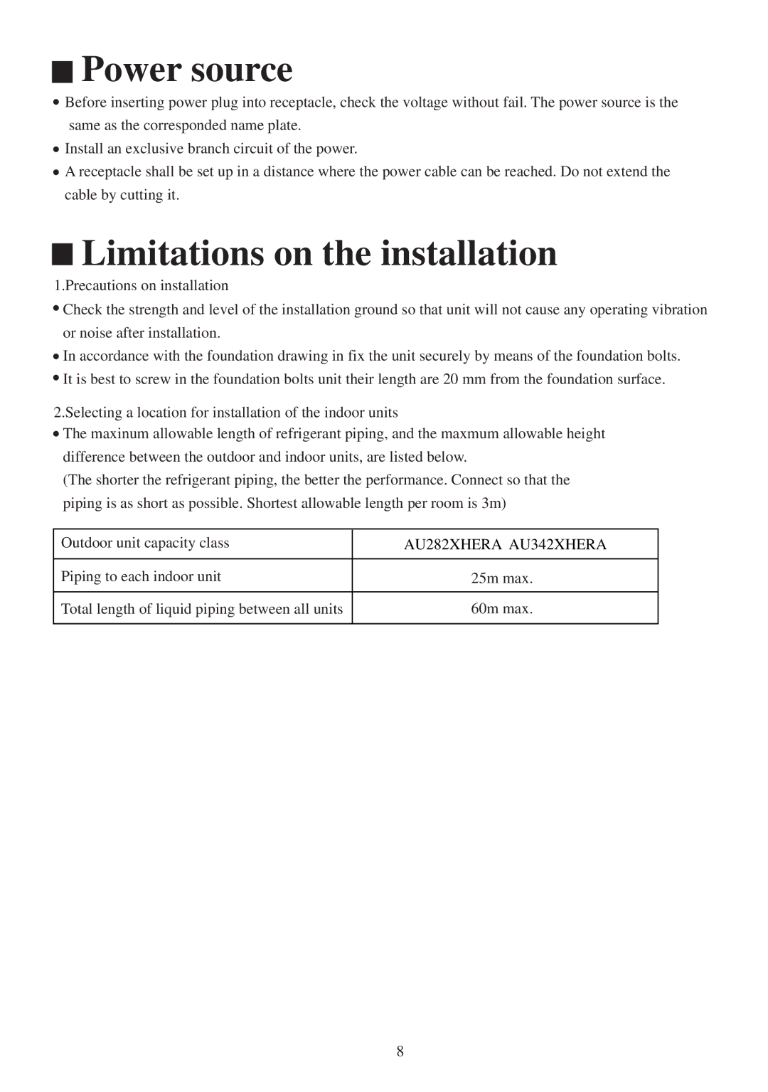 Haier AU282XHERA, AU342XHERA installation manual Power source, Limitations on the installation 