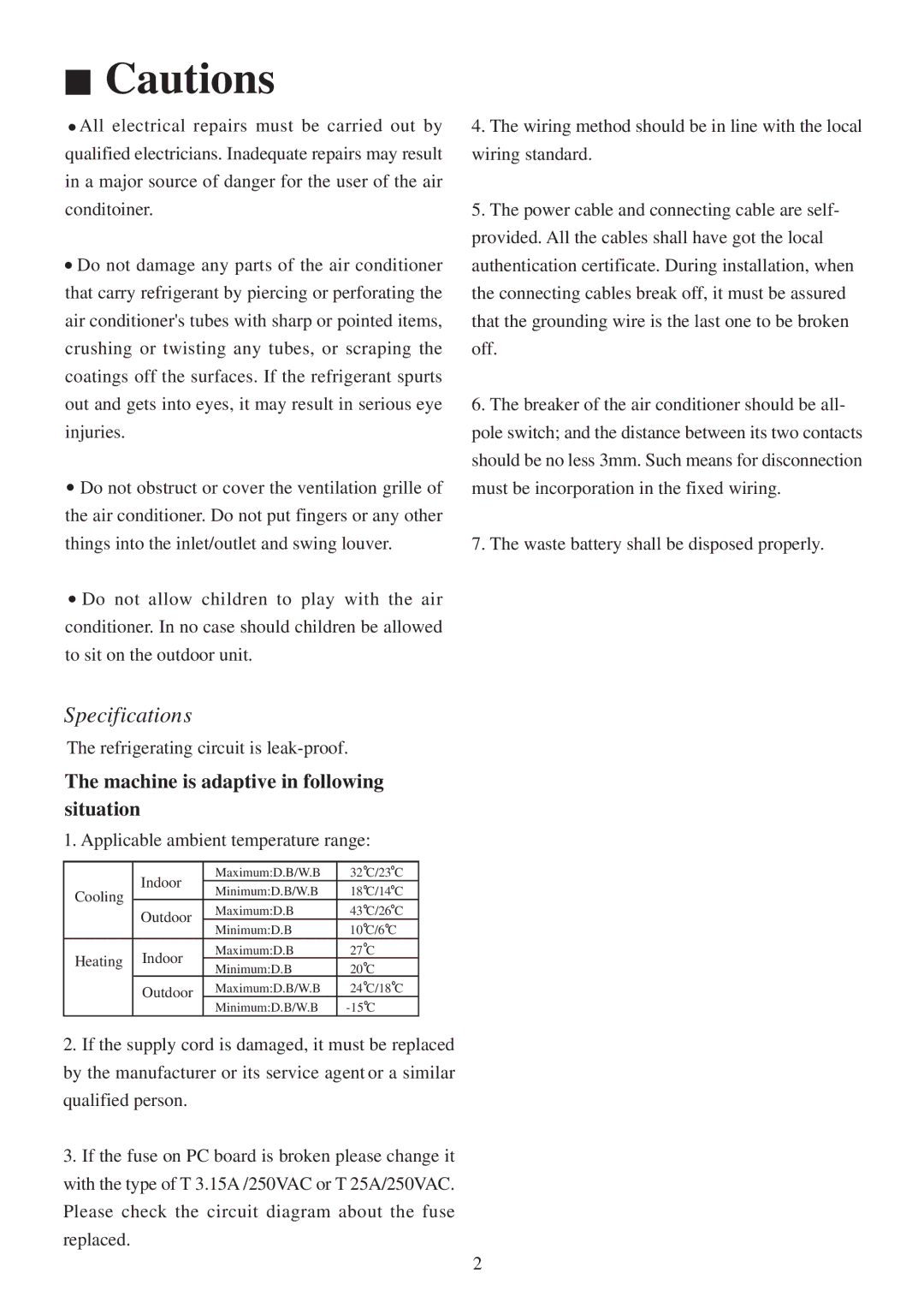 Haier AU282XHERA, AU342XHERA installation manual Specifications 